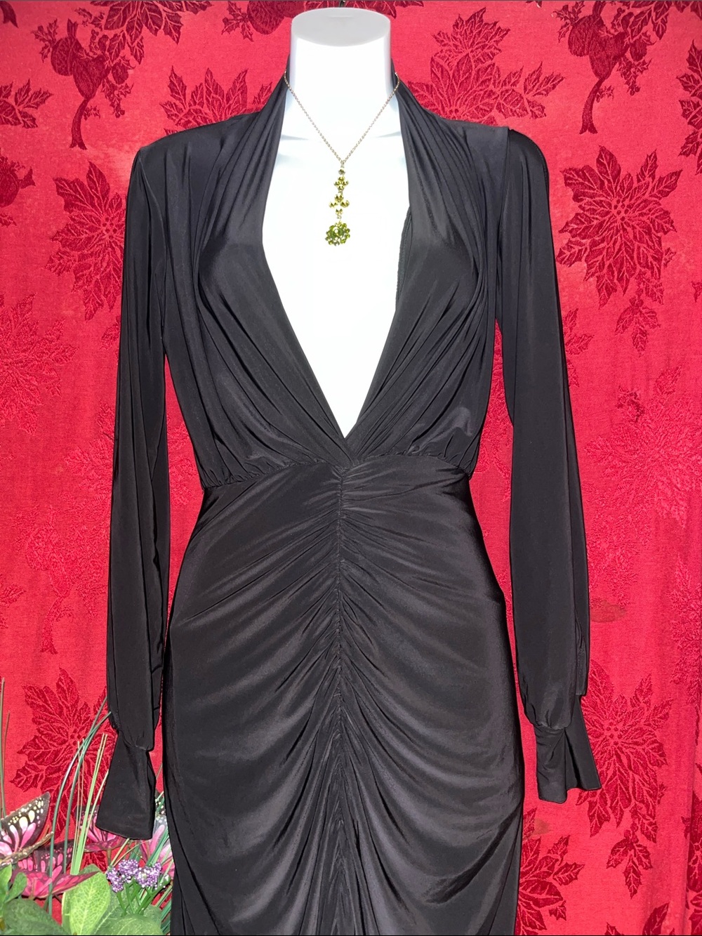 love J Black Long-Sleeve Plunge Ruched Midi Dress